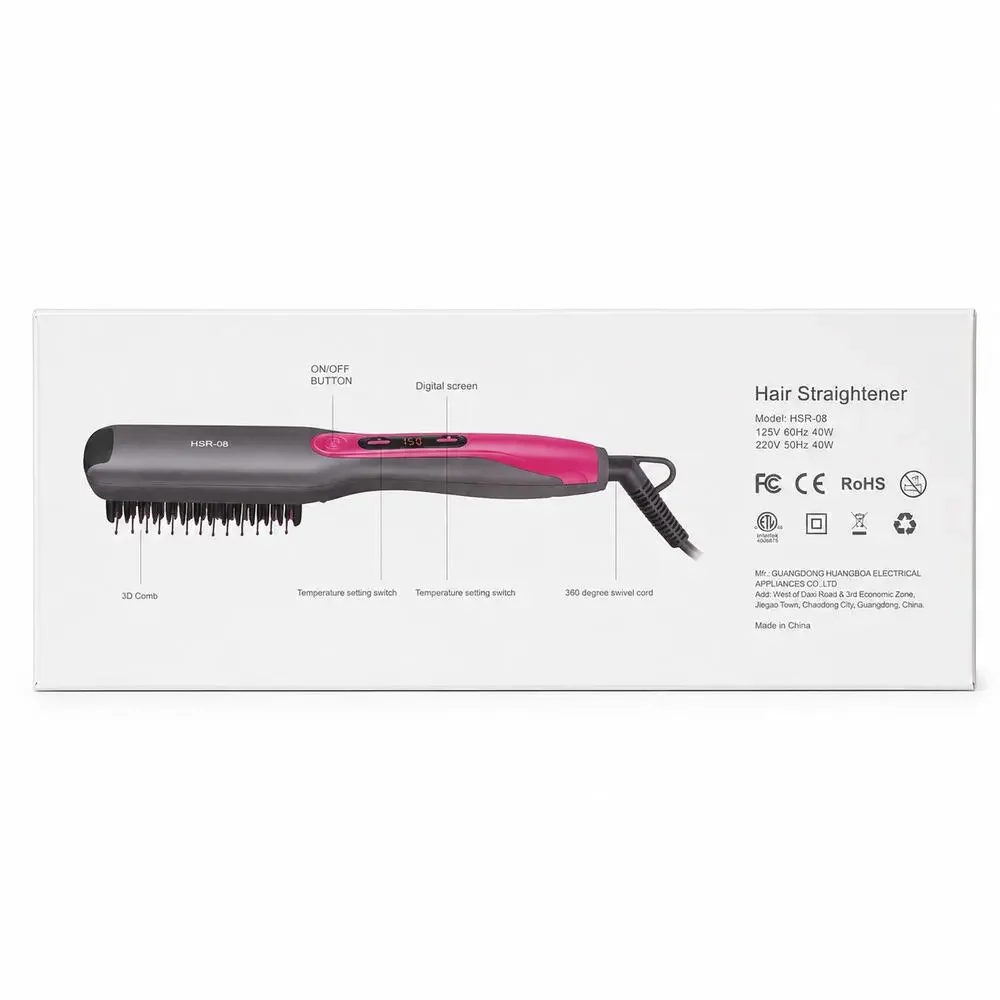 HSR-08 Hair Straightener Brush with LCD Temperature Display- Gray/Pink